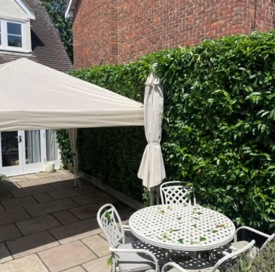 A tall hedge trimmed neatly around a garden patio and gazebo, Braintree